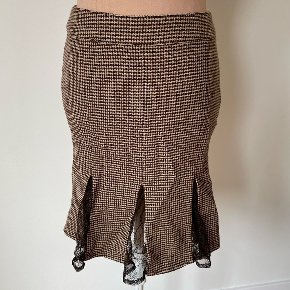 VALENTINO R.E.D Houndstooth Print Brown Wool Lace Inset Pleated Skirt IT 38 US 2